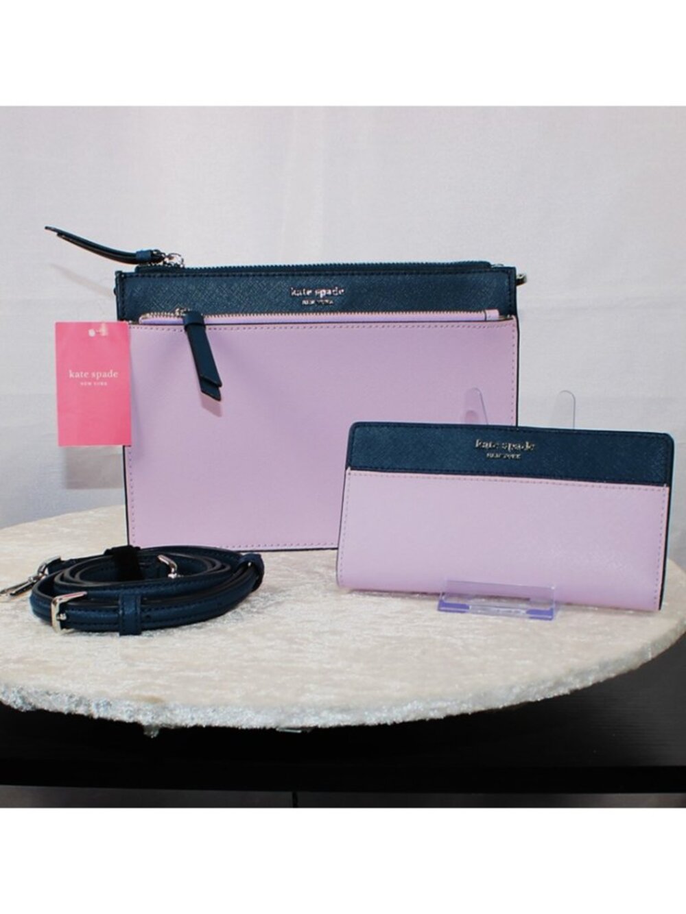 Kate Spade Cameron Zip Crossbody & Slim Wallet Navy & Lavendar Leather Matching